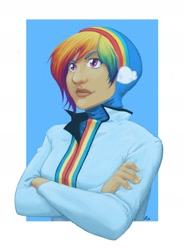 Size: 1312x1787 | Tagged: safe, artist:da-starbird, rainbow dash, clothes, female, humanized, multicolored hair, solo