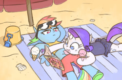 Size: 717x472 | Tagged: safe, artist:raridashdoodles, rainbow dash, rarity, pegasus, pony, unicorn, attached skirt, beach, blue swimsuit, clothes, cute, female, food, frilled swimsuit, ice cream, lesbian, lying, lying on top of someone, magazine, mare, on back, one-piece swimsuit, prone, raribetes, raridash, shipping, skirt, smiling, sunglasses, swimsuit, umbrella, unamused, winter swimsuit