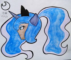 Size: 3113x2629 | Tagged: safe, artist:aloubell, princess luna, human, bust, eared humanization, horned humanization, humanized, ponytail, portrait, solo, traditional art