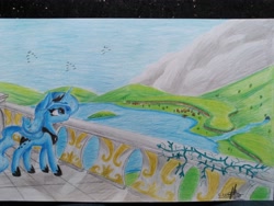 Size: 4128x3096 | Tagged: safe, artist:ironbeastz, princess luna, alicorn, pony, balcony, high res, lake, solo, traditional art