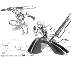 Size: 1100x880 | Tagged: safe, artist:johnjoseco, derpibooru import, applejack, rainbow dash, human, blazblue, crossover, grayscale, guilty gear, humanized, monochrome, ragna the bloodedge, sol badguy