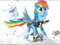 Size: 2250x1700 | Tagged: safe, artist:scratch42, commander hurricane, rainbow dash, pegasus, pony, armor, flag, snow, snowfall, solo