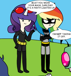 Size: 500x535 | Tagged: safe, rainbow dash, rarity, adventure time, batman, batmare, catwoman, costume, crossover, humanized, parody, speech bubble, text, zim