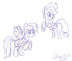 Size: 1141x969 | Tagged: safe, artist:nickdallas, derpibooru import, applejack, rainbow dash, earth pony, pegasus, pony, monochrome, sketch