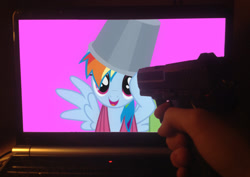 Size: 1800x1272 | Tagged: safe, rainbow dash, pegasus, pony, bucketdash, dashabuse, edgy, gun, hater, why sid why