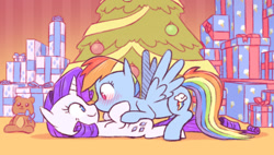 Size: 1051x599 | Tagged: safe, artist:raridashdoodles, rainbow dash, rarity, pegasus, pony, unicorn, blushing, christmas, christmas tree, female, holiday, lesbian, looking at each other, mare, nuzzling, raridash, shipping, smiling, spread wings, teddy bear, tree, wings