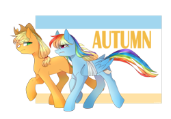 Size: 1024x715 | Tagged: safe, artist:snowillusory, derpibooru import, applejack, rainbow dash, earth pony, pegasus, pony, autumn, bandage, bound wings, running of the leaves