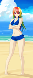 Size: 1422x3315 | Tagged: safe, artist:zantyarz, rainbow dash, human, beach, belly button, bikini, clothes, cloud, crossed arms, female, humanized, looking at you, sand, shorts, sky, smiling, solo, swimsuit, water