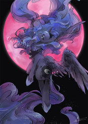 Size: 700x990 | Tagged: safe, artist:kuzumori, princess luna, alicorn, pony, blood moon, commission, female, flying, mare, moon, solo, watermark