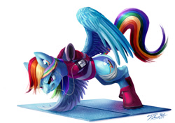 Size: 1200x843 | Tagged: safe, artist:tsitra360, rainbow dash, pegasus, pony, headband, hooves, horseshoes, mp3 player, push-ups, solo, sweat, wing-ups, workout