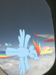 Size: 1536x2048 | Tagged: safe, artist:blahblahblahpeace, fluttershy, rainbow dash, soarin', pegasus, pony, cloud, cloudy, flying, plane, ponies in real life, smoke, window