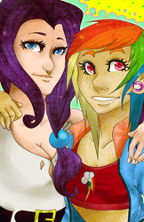 Size: 792x1224 | Tagged: safe, artist:rhaignjay, rainbow dash, rarity, clothes, female, humanized