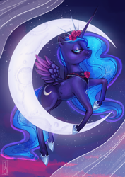 Size: 2332x3300 | Tagged: safe, artist:lilyluxe, princess luna, alicorn, pony, chibi, crown, flower, flower in hair, high res, jewelry, moon, regalia, rose, solo