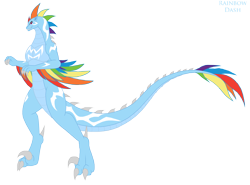 Size: 3245x2403 | Tagged: safe, artist:pyrus-leonidas, derpibooru import, rainbow dash, kaiju, dromaeosaur, female, kaijufied, rainbow feathers, simple background, solo, species swap, transparent background