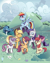 Size: 3192x4032 | Tagged: safe, artist:solarsourced, derpibooru import, apple bloom, applejack, rainbow dash, rarity, scootaloo, sweetie belle, earth pony, pegasus, pony, unicorn, crusaders of the lost mark, canterlot, cloud, crying, cutie mark, cutie mark crusaders, flower, liquid pride, meadow, the cmc's cutie marks