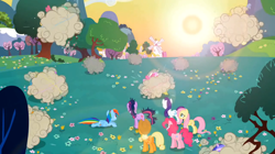 Size: 956x536 | Tagged: safe, derpibooru import, screencap, applejack, carrot top, cherry berry, daisy, dizzy twister, flower wishes, fluttershy, golden harvest, lemon hearts, merry may, minuette, orange swirl, pinkie pie, rainbow dash, rarity, sea swirl, seafoam, smarty pants, spring melody, sprinkle medley, twilight sparkle, twinkleshine, earth pony, pegasus, pony, unicorn, lesson zero, ball of violence, brawl, mane six