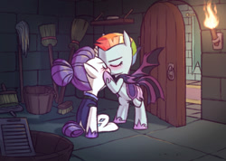 Size: 1115x792 | Tagged: safe, artist:raridashdoodles, rainbow dash, rarity, pegasus, pony, unicorn, alternate timeline, blushing, broom, bucket, castle of the royal pony sisters, closet, cute, female, fire, hoof shoes, kissing, lesbian, mop, night guard dash, night maid rarity, nightmare takeover timeline, raridash, shipping