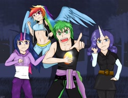 Size: 3300x2550 | Tagged: safe, artist:mlj-lucarias, peewee, rainbow dash, rarity, spike, twilight sparkle, dragon quest, belly button, egg, horned humanization, humanized, midriff, scene interpretation, winged humanization