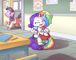 Size: 1109x873 | Tagged: safe, artist:raridashdoodles, rainbow dash, rarity, twilight sparkle, pegasus, pony, unicorn, blushing, carrying, chair, classroom, clothes, desk, female, heart, holding a pony, hug, lesbian, love letter, notes, pencil, pleated skirt, raridash, school, school uniform, shipping, skirt