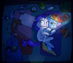 Size: 1063x920 | Tagged: safe, artist:raridashdoodles, rainbow dash, rarity, pegasus, pony, raccoon, unicorn, annoyed, book, camping, clinging, clock, cuddling, female, flashlight (object), lesbian, makeup, raridash, scared, shipping, spooning, teddy bear