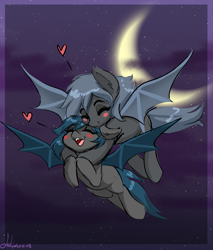 Size: 1019x1197 | Tagged: safe, artist:fatcakes, oc, oc only, oc:angel tears, oc:speck, bat pony, pony, bat pony oc, crescent moon, female, flying, moon, mother and child, mother and daughter, parent and child, signature