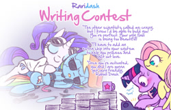 Size: 1048x673 | Tagged: safe, artist:raridashdoodles, fluttershy, rainbow dash, rarity, twilight sparkle, pegasus, pony, robot, robot pony, unicorn, alternate hairstyle, alternate universe, blushing, female, goggles, lesbian, mug, paper, rainbot dash, raridash, raridash writing contest, shipper on deck, shipping, sleeping, text, tired, twishy, typewriter