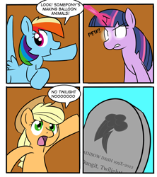 Size: 638x718 | Tagged: safe, artist:zanezandell, derpibooru import, applejack, rainbow dash, twilight sparkle, earth pony, pegasus, pony, unicorn, too many pinkie pies, bad end, comic, dark comedy, death, female, glowing eyes, grave, gravestone, mare, murder, pinkie clone debate, trigger happy twilight