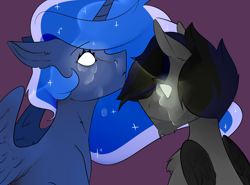 Size: 4092x3031 | Tagged: safe, artist:souppup, princess luna, oc, oc:ortus crozze, alicorn, pegasus, pony, beard, crying, facial hair, female, glowing eyes, male, mare, teary eyes, ych result