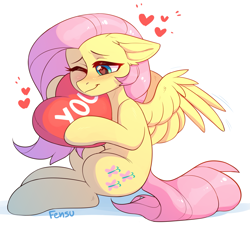 Size: 2095x1935 | Tagged: safe, artist:fensu-san, fluttershy, pegasus, pony, cute, female, heart, heart pillow, hearts and hooves day, hug, mare, pillow, shyabetes, solo