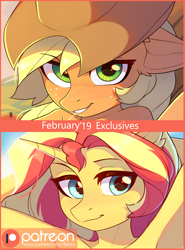 Size: 2082x2809 | Tagged: safe, artist:fensu-san, applejack, sunset shimmer, anthro, advertisement, armpits, looking at you, patreon, patreon logo, patreon preview, paywall content