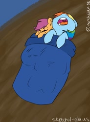 Size: 560x760 | Tagged: safe, artist:lizzyoli-ravioli, rainbow dash, scootaloo, pegasus, pony, 30 minute art challenge, scootalove, sleeping, sleeping bag