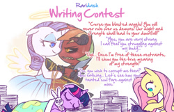 Size: 1048x673 | Tagged: safe, artist:raridashdoodles, fluttershy, rainbow dash, rarity, twilight sparkle, angel, pegasus, pony, unicorn, angel x devil, blanket, devil, devil horns, female, halo, lesbian, paper, plushie, raridash, raridash writing contest, raridom, shipping, sleeping, typewriter, wings