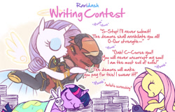 Size: 1048x673 | Tagged: safe, artist:raridashdoodles, fluttershy, rainbow dash, rarity, twilight sparkle, angel, pegasus, pony, unicorn, angel x devil, blanket, devil, do not want, female, halo, kissing, lesbian, paper, plushie, raridash, raridash writing contest, raridom, shipping, sleeping