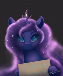 Size: 2500x3000 | Tagged: safe, artist:skitsroom, princess luna, alicorn, pony, blushing, female, holding sign, horn, jewelry, looking at you, mare, simple background, sky, solo, stars, tiara