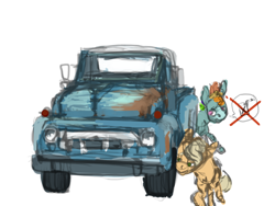 Size: 1024x768 | Tagged: safe, artist:celestiawept, derpibooru import, applejack, rainbow dash, earth pony, pegasus, pony, car, truck