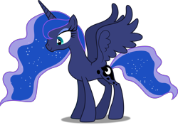 Size: 5000x3528 | Tagged: safe, artist:dashiesparkle, edit, editor:slayerbvc, princess luna, alicorn, pony, .svg available, accessory-less edit, barehoof, female, looking down, mare, missing accessory, simple background, solo, spread wings, transparent background, vector, vector edit, wings