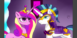 Size: 1440x720 | Tagged: safe, artist:yordisz, screencap, princess cadance, shining armor, alicorn, pony, unicorn, armor, crystal empire, fanfic art, royal guard, royal guard armor, worried