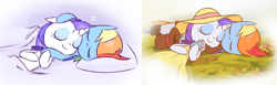 Size: 1814x560 | Tagged: safe, artist:raridashdoodles, rainbow dash, rarity, pegasus, pony, unicorn, alternate costumes, clothes, eyes closed, fedora, female, hat, lesbian, raridash, shipping, sleeping, smiling, snuggling, z