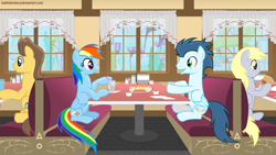 Size: 1024x576 | Tagged: safe, artist:bobthelurker, caramel, derpy hooves, rainbow dash, soarin', pegasus, pony, burger, cheeseburger, date, diner, female, food, hamburger, male, mare, restaurant, shipping, soarindash, straight, table