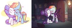 Size: 1978x788 | Tagged: safe, artist:raridashdoodles, rainbow dash, rarity, pegasus, pony, unicorn, alternate timeline, blushing, broom, bucket, castle of the royal pony sisters, closet, cute, eyes closed, female, fire, heart, hoof shoes, kissing, lesbian, night guard dash, night maid rarity, nightmare takeover timeline, raridash, shipping