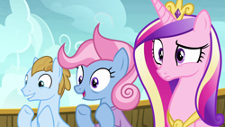 Size: 1280x720 | Tagged: safe, screencap, opulence, princess cadance, sun cloche, alicorn, pony, once upon a zeppelin, background pony, clapping, confused, female, las pegasus resident, male, mare, raised eyebrow, stallion, wall