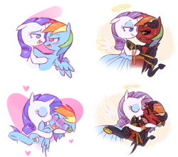 Size: 1714x1518 | Tagged: safe, artist:raridashdoodles, rainbow dash, rarity, angel, pegasus, pony, unicorn, angel x devil, blushing, devil, do not want, eyes closed, female, heart, hug, kissing, lesbian, looking at each other, open mouth, raridash, raridom, shipping, tsundere