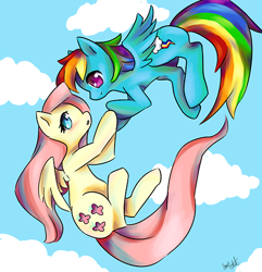 Size: 500x519 | Tagged: safe, artist:3mo-art, derpibooru import, fluttershy, rainbow dash, pegasus, pony, flying