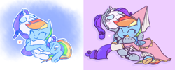 Size: 1552x628 | Tagged: safe, artist:raridashdoodles, rainbow dash, rarity, pegasus, pony, unicorn, cute, eyes closed, female, heart, hug, knight, lesbian, princess, raridash, role reversal, shipping, smiling