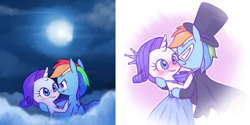 Size: 1480x738 | Tagged: safe, artist:raridashdoodles, rainbow dash, rarity, pegasus, pony, unicorn, blushing, clothes, dress, female, full moon, hat, lesbian, mask, moon, outfits, raridash, sailor moon, shipping, slow dancing, tuxedo mask