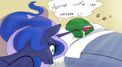 Size: 663x366 | Tagged: safe, artist:dotkwa, color edit, edit, princess luna, oc, oc:anon, alicorn, human, pony, bed, colored, drool, eyelashes, female, horn poke, male, mare, poking, sleeping, worried, zzz