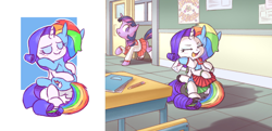 Size: 1806x872 | Tagged: safe, artist:raridashdoodles, rainbow dash, rarity, twilight sparkle, pegasus, pony, unicorn, carrying, chair, classroom, clothes, desk, eyes closed, female, heart, holding a pony, hug, lesbian, love letter, notes, pencil, pleated skirt, raridash, school, school uniform, shipping, skirt, smiling, socks