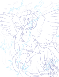 Size: 773x1000 | Tagged: safe, artist:bellmod, derpibooru import, rainbow dash, pegasus, pony, flying, grin, lightning, nightmare, nightmare rainbow dash, nightmarified, rearing, sketch, solo, watermark, wip