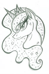 Size: 1298x1942 | Tagged: safe, artist:rossmaniteanzu, princess luna, alicorn, pony, bust, constellation, ethereal mane, female, grayscale, mare, monochrome, pencil drawing, portrait, simple background, sketch, solo, starry mane, traditional art, white background