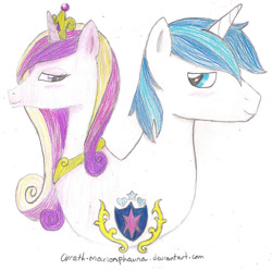 Size: 1466x1457 | Tagged: safe, artist:wrath-marionphauna, princess cadance, shining armor, alicorn, pony, unicorn, blushing, colored pencil drawing, crown, cutie mark, jewelry, looking at each other, regalia, traditional art